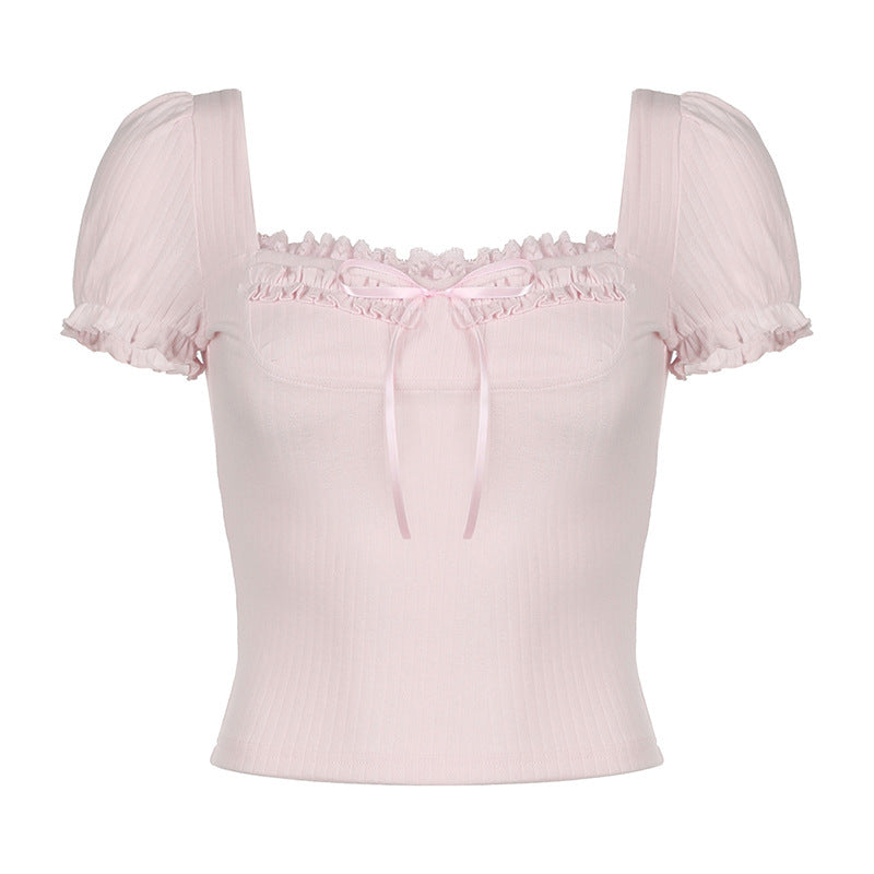 Bow Knot Square Neck Puff Short Sleeve Tee