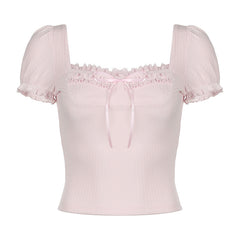 Bow Knot Square Neck Puff Short Sleeve Tee