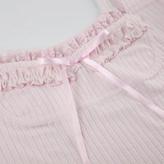 Bow Knot Square Neck Puff Short Sleeve Tee