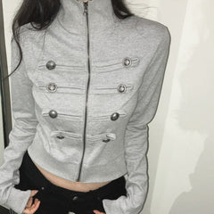 Stand collar military-style cropped zip jacket in gray, front view