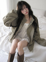 Drawstring Stand Collar Loose Jacket – Windproof Korean Cotton Coat in Khaki