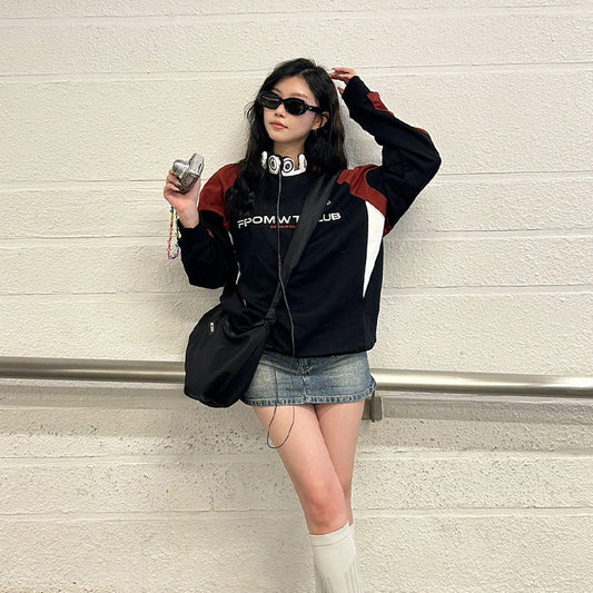 Embroidery Letter Contrast Color Raglan Sweatshirt - fairypeony