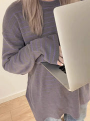 Contrast Color Stripe Oversized Long Sleeve Knit Tee