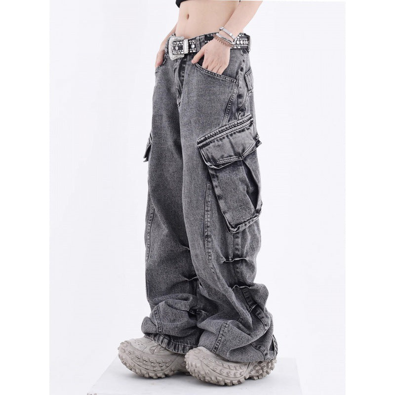 Acid Washed Baggy Cargo Jeans - fairypeony