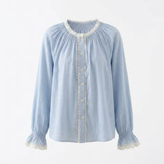 Light blue blouse with lace details on a white background