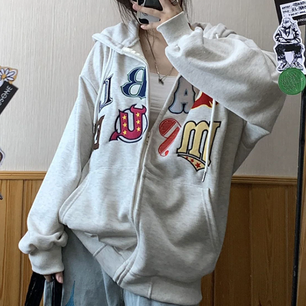 Aesthetic Embroidery Letters Zip Up Hoodie - fairypeony