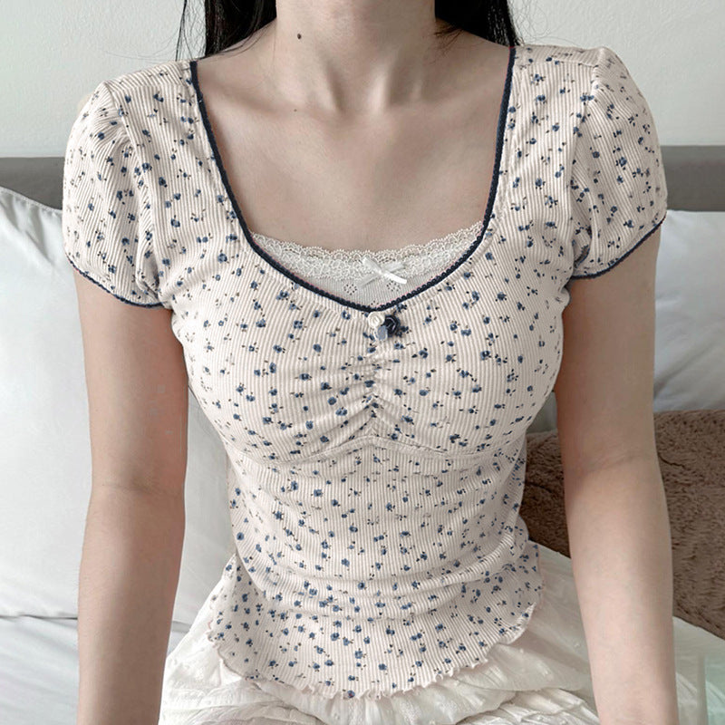 Aesthetic Lace Stitching Square Collar Short Sleeve Tee