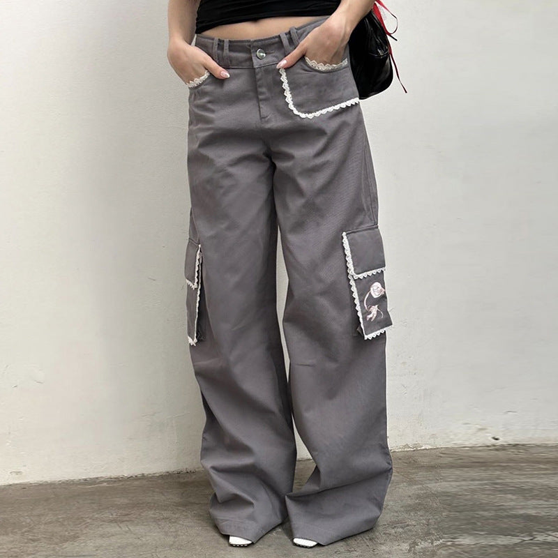 Aesthetic Lace Trim Pocket Cargo Pants