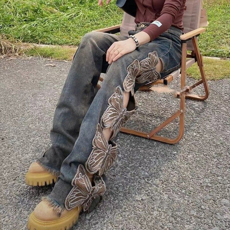 Aesthetic Side Butterflies Patchwork Jeans - fairypeony