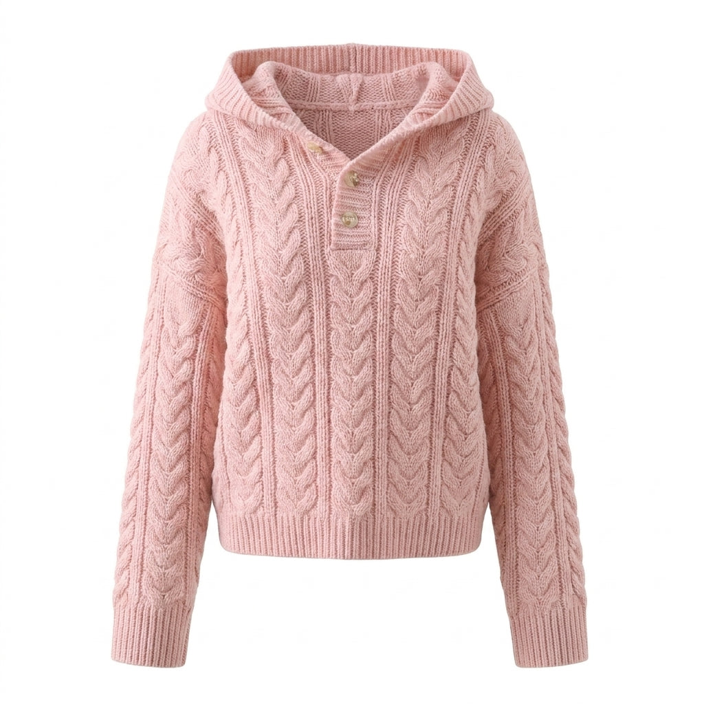 Pink knitted hoodie on a white background