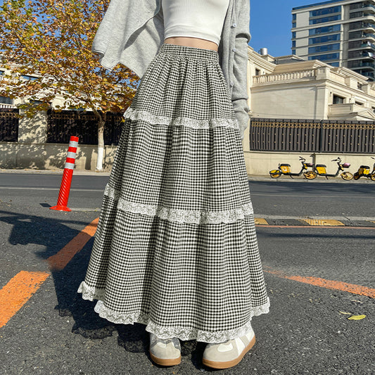 Aesthetic Checkered Print Ruffled Maxi Skirt