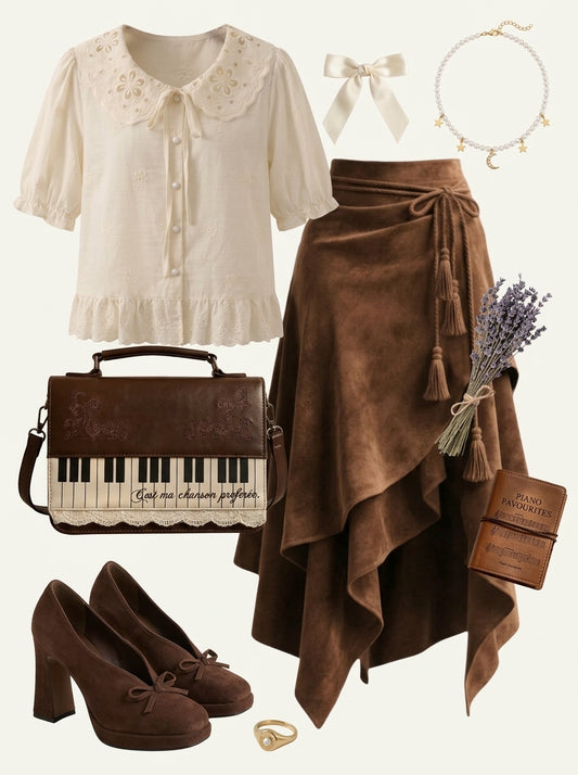 Fashionable outfit with beige blouse, brown wrap skirt, brown shoes, and accessories on a white background