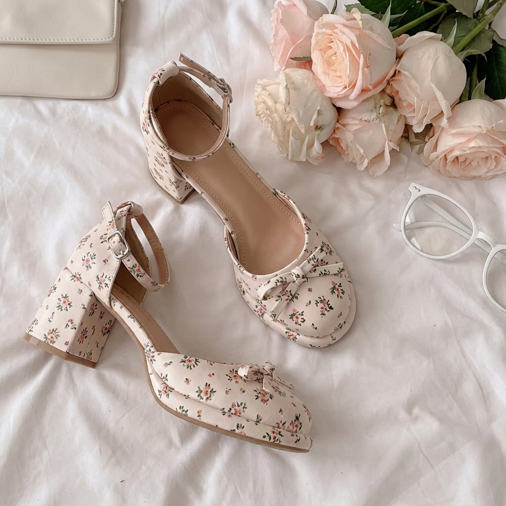 Pair of floral high-heeled shoes on a light surface with flowers and sunglasses.