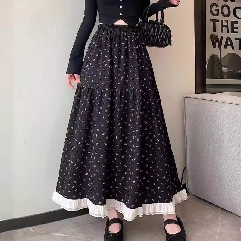 Aesthetic Floral Ruffled Maxi Skirt