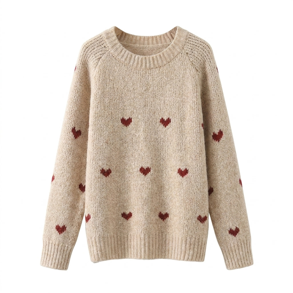 Beige sweater with red heart patterns on a white background