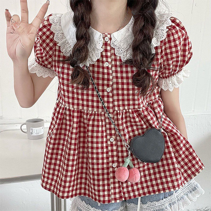 Aesthetic Lace Collar Checkered Puff Sleeve Blouse