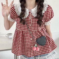 Aesthetic Lace Collar Checkered Puff Sleeve Blouse