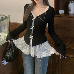 Aesthetic Lace Patchwork Bow Fake Two Piece Tee