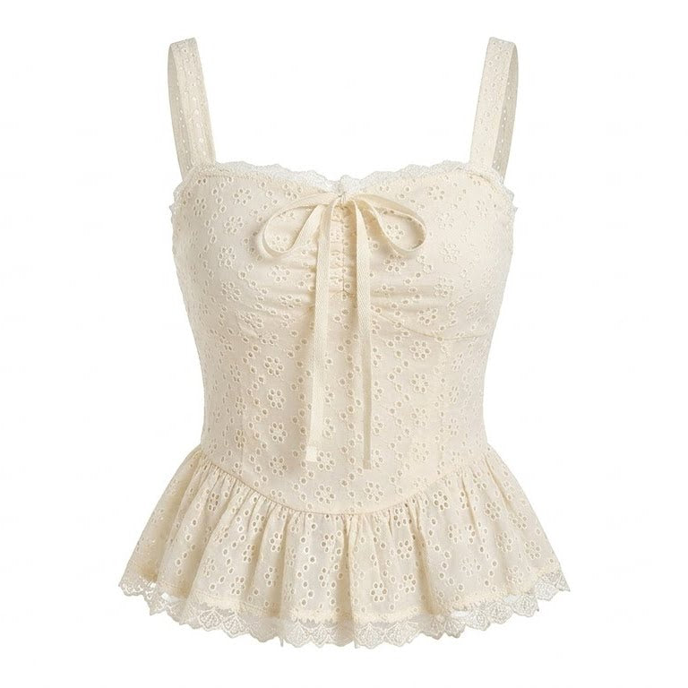 Cream-colored lace top with a bow detail on a white background