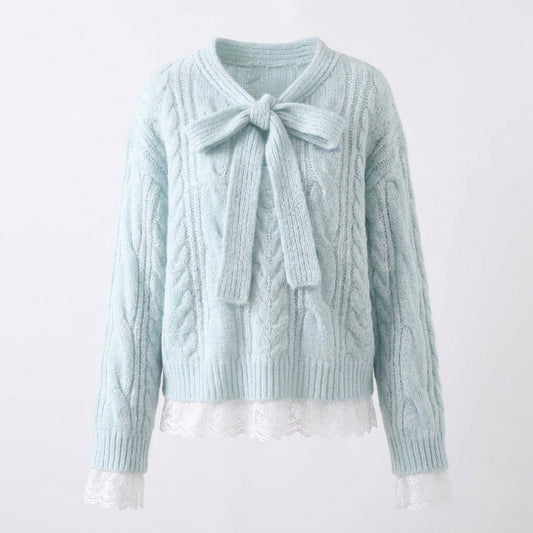 Aesthetic Lace Patchwork Front Tie Sweater