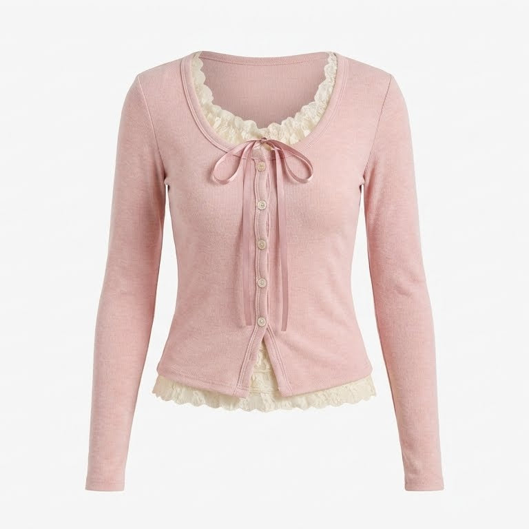 Pink cardigan with lace details on a white background