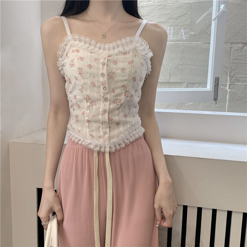 Aesthetic Lace Trim Floral Cami Top