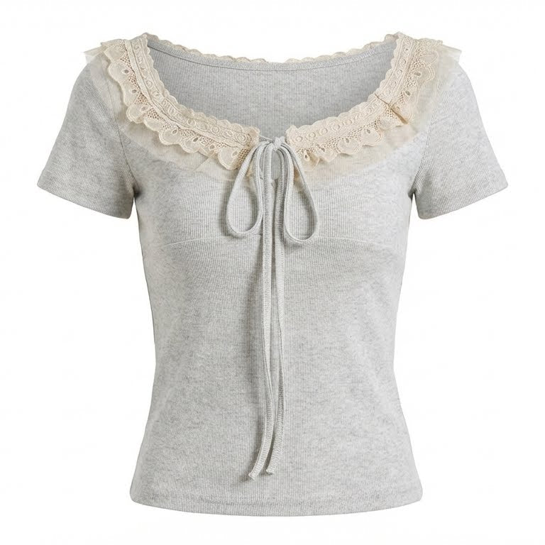 Gray t-shirt with lace detailing on a white background