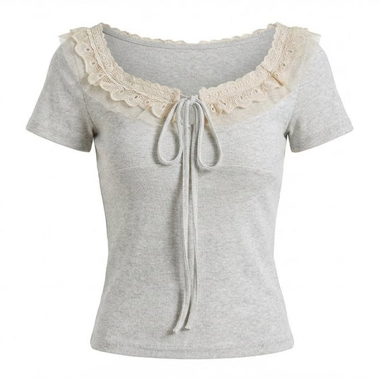 Gray t-shirt with lace detailing on a white background