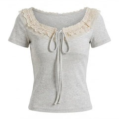 Gray t-shirt with lace detailing on a white background