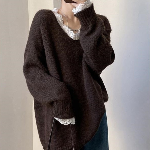 Aesthetic Lace Trim V-Neck Sweater