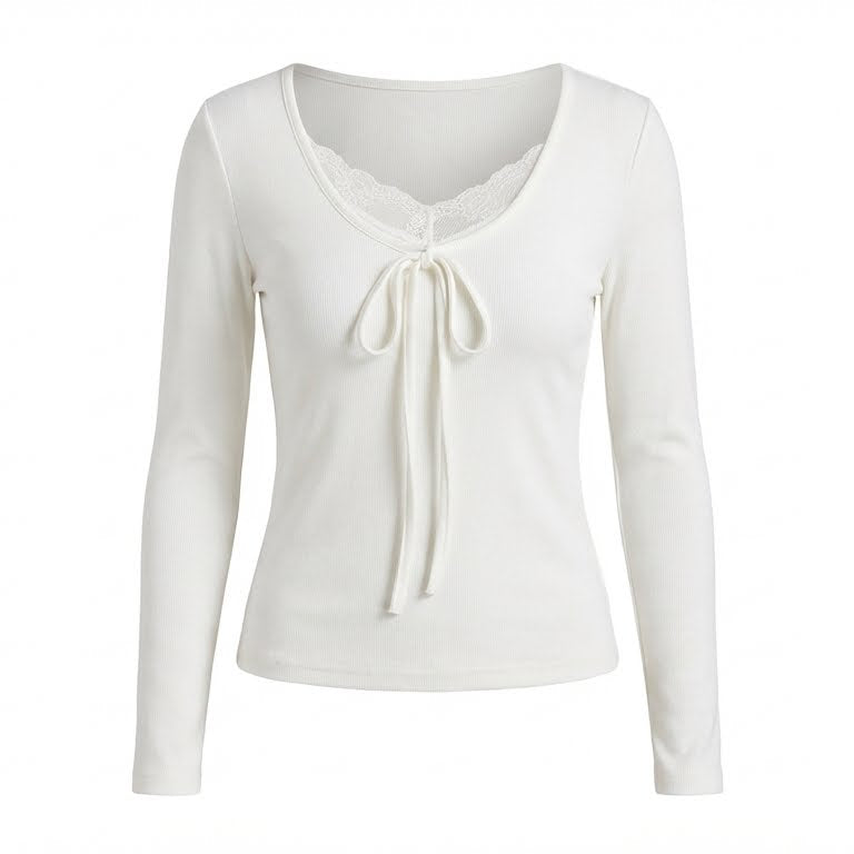 Aesthetic Lace Trim White Long Sleeve Tee - fairypeony
