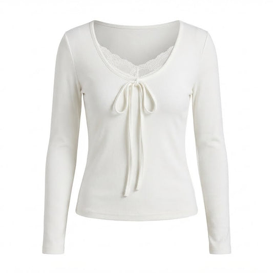 Aesthetic Lace Trim White Long Sleeve Tee - fairypeony
