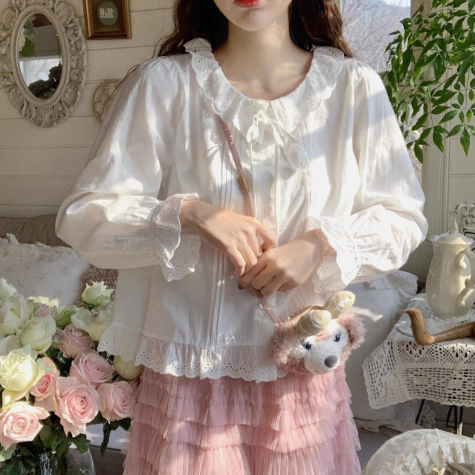 Aesthetic Patchwork Ruffled Lace Long Sleeve Blouse