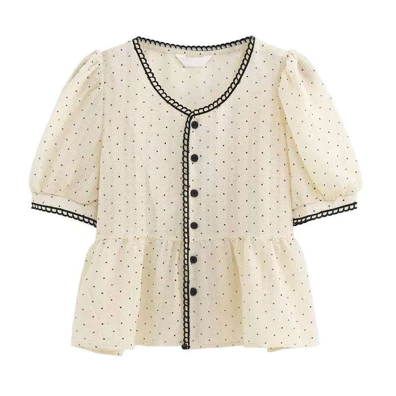 Polka Dot Lace Trim Blouse + Patchwork Ruffle Hem Skirt + Mary Jane Shoes + Pu Leather Crossbody Bag - fairypeony