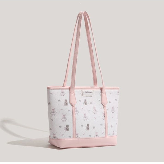 Lace Collar Blouse + Patchwork Ruffle Hem Skirt + Aesthetic Thick Heel Shoes + Aesthetic Print Tote Bag - fairypeony