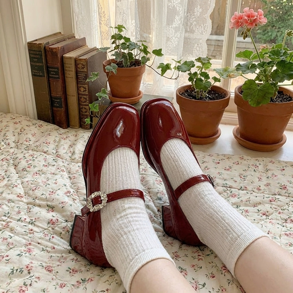 Red shoes with white socks on a floral bedspread with potted plants in the background