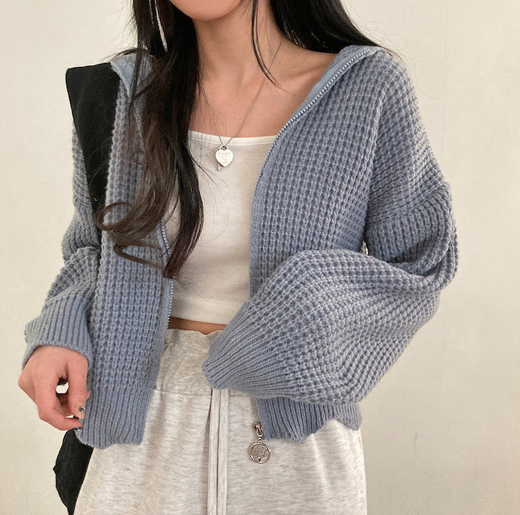 Aesthetic Zip Up Knitted Hooded Cardigan