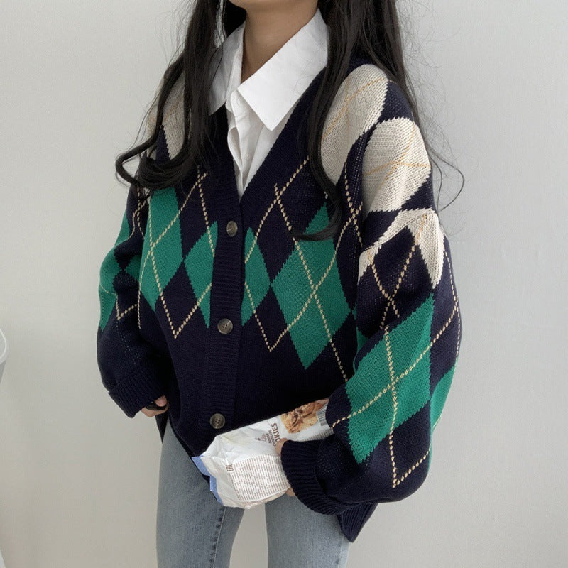 Argyle Print Preppy Oversized Knitted Cardigan