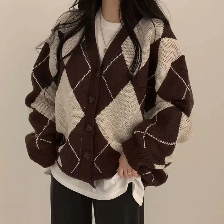 Argyle Print Oversized Preppy Cardigan