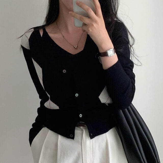 Argyle Print V-neck Long sleeve Knit Vest Suit