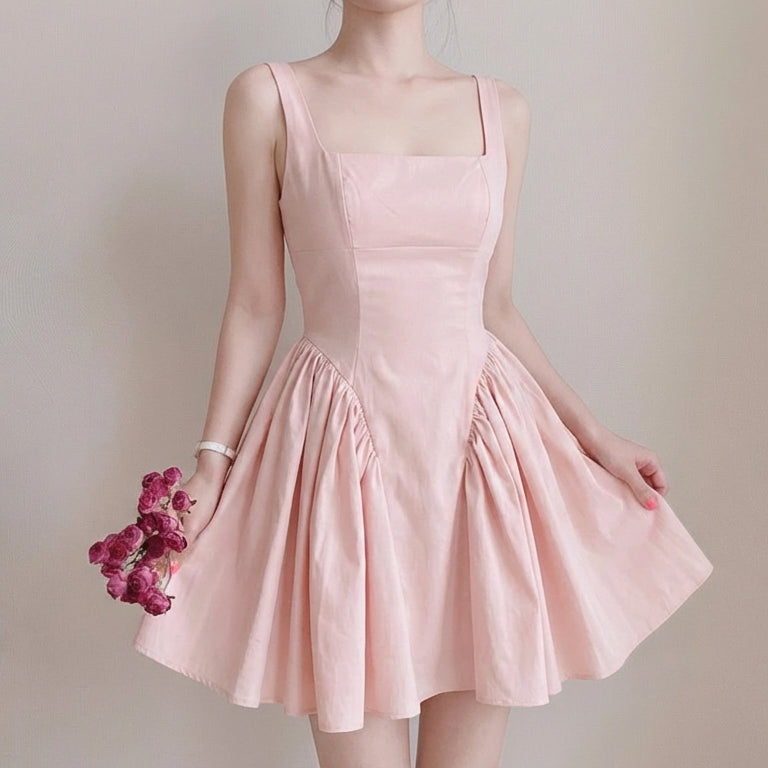 Pink dress worn by a person holding pink flowers against a plain background