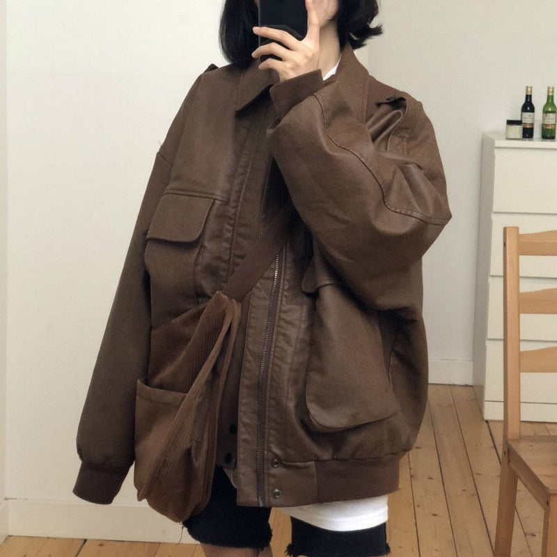 Big Pocket Lapel Neck Quilted Leather Jacket - fairypeony