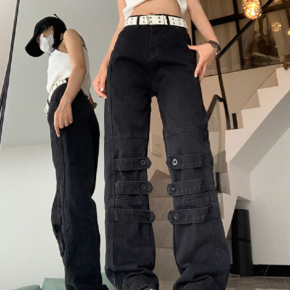 Black Ankle Straight Cargo Jeans - fairypeony