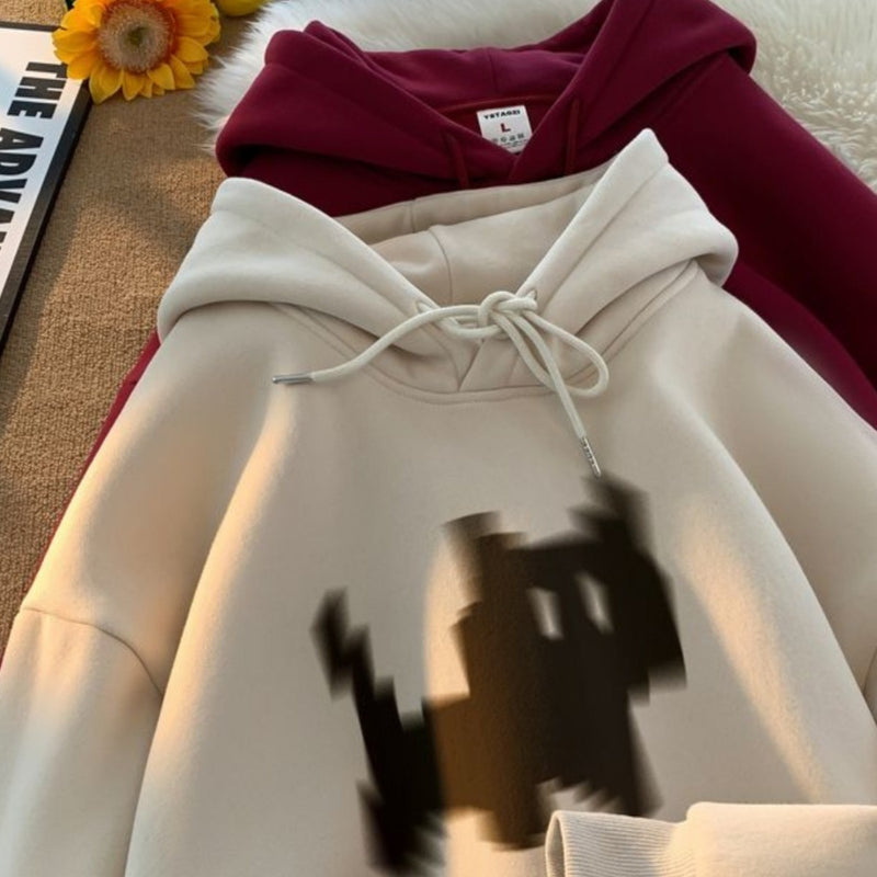 Black Cat Print Solid Color Oversized Hoodie