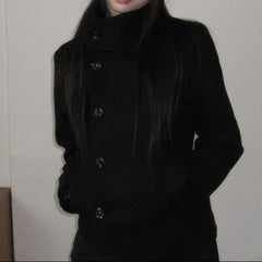 Black Woolen Coat – Slim Fit Faux Fur Collar Asymmetric Feifei Sleeve Coat