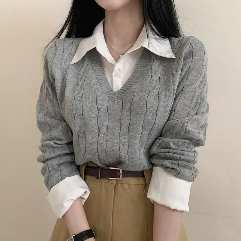 Blouse Collar Fake Two-piece Cable Knit Sweater