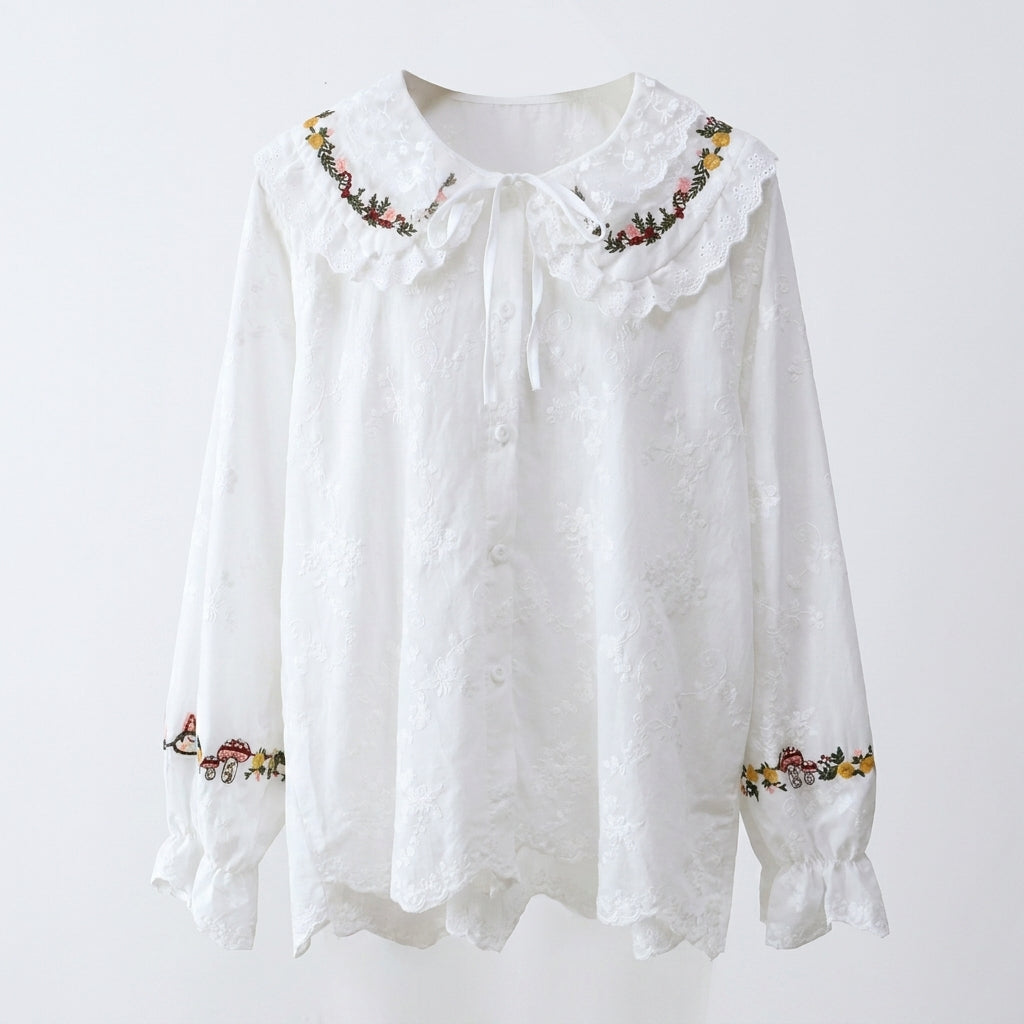 Embroidered Doll Collar Long Sleeve Blouse