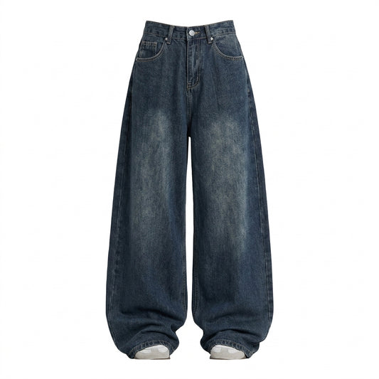 A pair of dark blue wide-leg denim jeans with a faded wash, shown flat against a solid white background.
