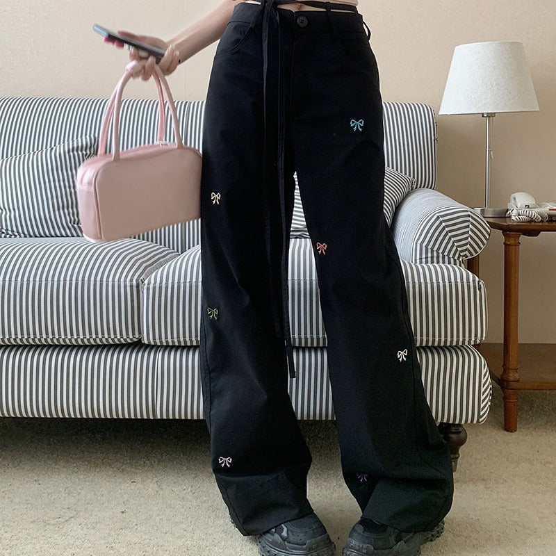 Bow Embroidered Straight Wide Loose Pants