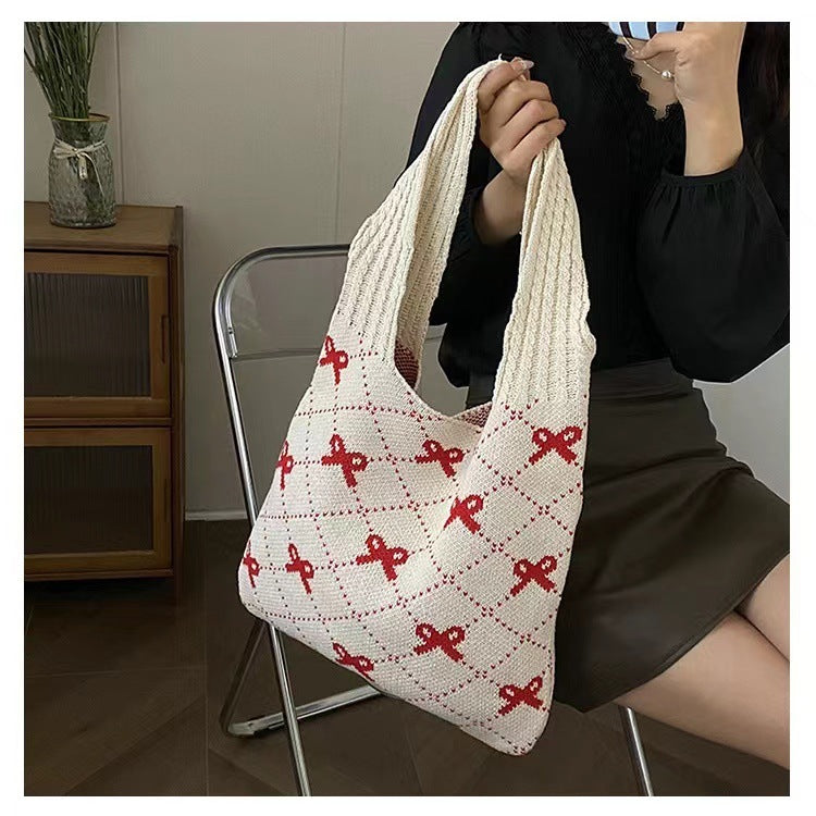 Bow Print Coquette Knitted Tote Bag